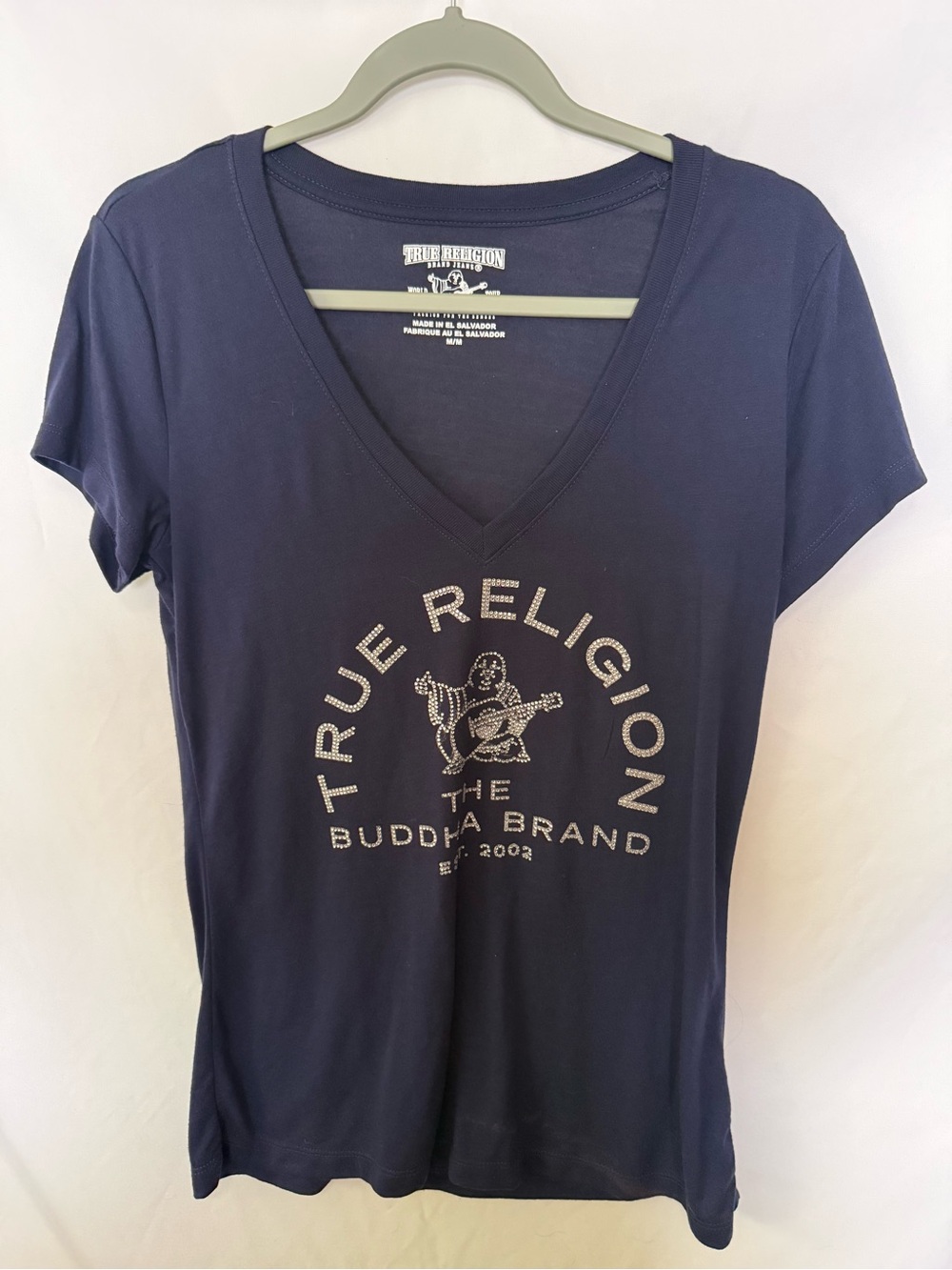 True Religion Women's Navy V-Neck Logo Tee with Crystal Accents Sz M